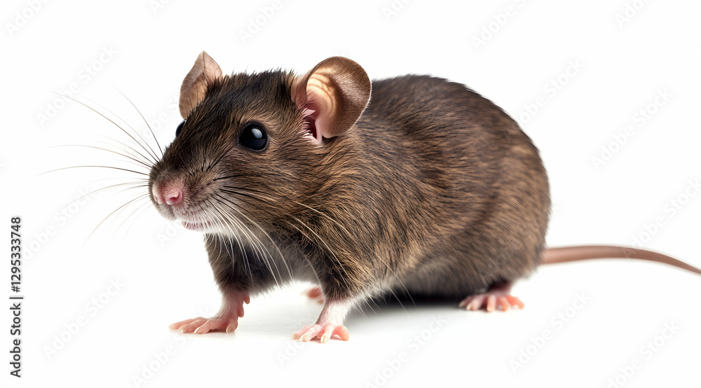 Close-up Studio Shot of a Brown Mouse on a White Background with Detailed Fur and Whiskers, Ideal for Educational and Animal-Related Projects Close-up Studio Shot of a Brown Mouse on a White Background with Detailed Fur and Whiskers, Ideal for Educational and Animal-Related Projects