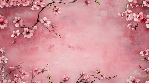 A serene watercolor composition of cherry blossoms and elegant green vines, blending harmoniously on a textured dusty pink canvas, with soft gradients and intricate floral details. --ar 16:9 --tile