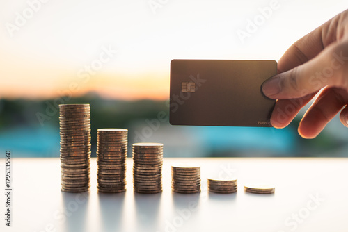 Stack of coins arranged from least to most with person holding credit card in the morning concept of credit card debt management, taking advantage of credit cards when used correctly
