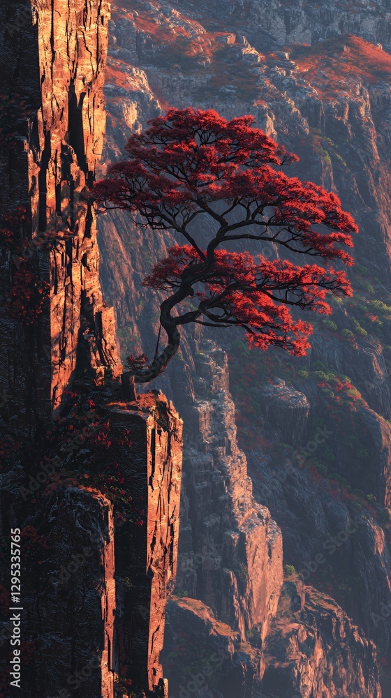 Red Tree on a Cliffside Mountain Landscape Red Tree on a Cliffside Mountain Landscape