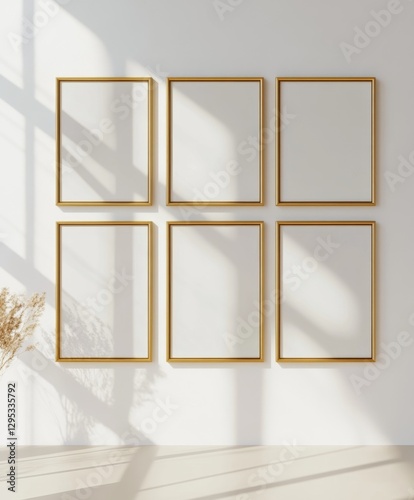 Gold framed art mockup, sunlit interior display, minimalist design