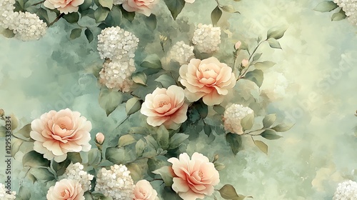Wallpaper Mural A serene watercolor scene of camellias and hydrangeas, painted in soft blush shades with fine, flowing brushwork, harmonizing with a dusty green background for a peaceful vintage feel. Torontodigital.ca