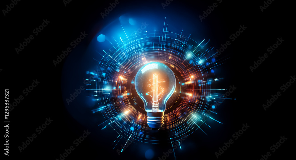 A glowing lightbulb emits bright energy, encircled by digital lines and shapes against a dark background, representing innovation and ideas. A glowing lightbulb emits bright energy, encircled by digital lines and shapes against a dark background, representing innovation and ideas.
