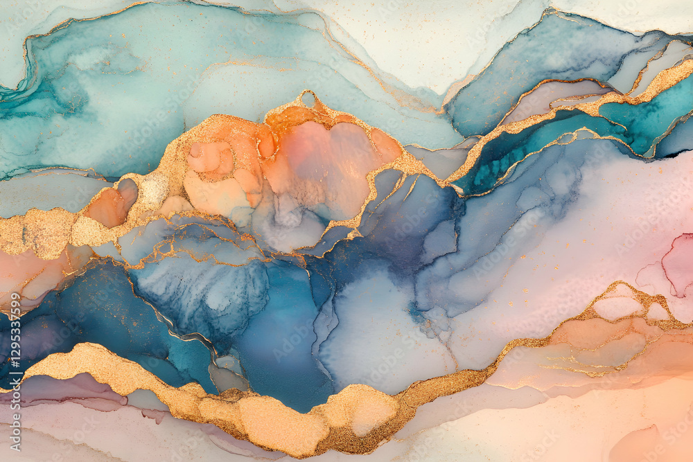 Fototapeta premium Delicate Abstract Watercolor Painting with Golden Veins, an Elegant Backdrop for Modern Design and Luxurious Aesthetic Art Projects, Featuring Fluid Ink Textures