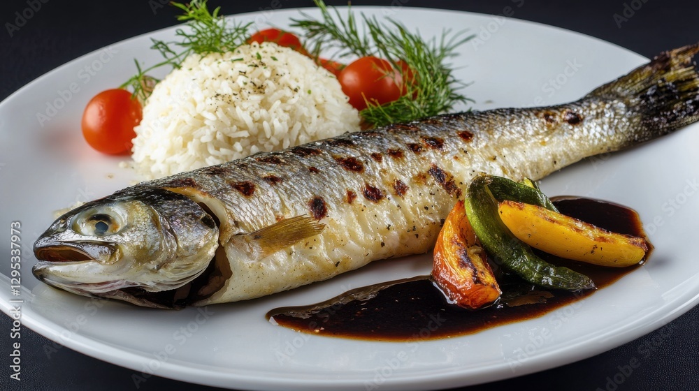 Whole Fish Served With Rice and Roasted Vegetables Whole Fish Served With Rice and Roasted Vegetables