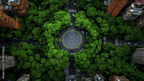 Serene aerial view of circular park, surrounded by lush green trees and city buildings. peaceful oasis in urban landscape