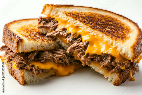 Delicious Melted Cheese and Pulled Beef Sandwich on Toasted Bread, A Gourmet Comfort Food Delight with Rich, Savory Flavors Perfect for Food Photography photo