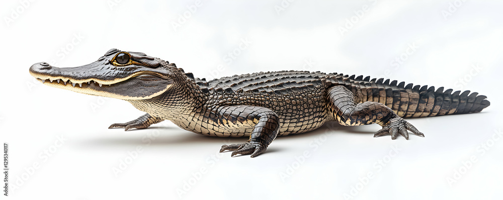 Detailed close up of an American Alligator showcasing its scaly skin and powerful body, isolated against a pristine white backdrop in a studio setting Detailed close up of an American Alligator showcasing its scaly skin and powerful body, isolated against a pristine white backdrop in a studio setting