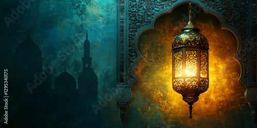 Islamic background, traditional decorations, vibrant festivities, Islamic calligraphy, crescent moon and stars, warm lighting, cultural attire