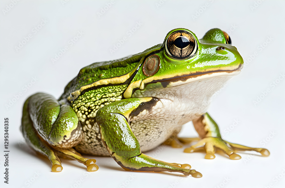 Detailed close-up of a vibrant green tree frog showcasing its intricate skin texture and captivating golden eyes, against a plain white backdrop in studio lighting Detailed close-up of a vibrant green tree frog showcasing its intricate skin texture and captivating golden eyes, against a plain white backdrop in studio lighting