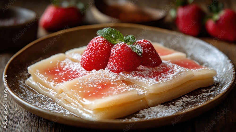 Strawberry-topped sweet pancakes on plate, dessert, rustic wood table, background Strawberry-topped sweet pancakes on plate, dessert, rustic wood table, background