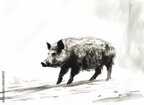 Wallpaper Mural Detailed Ink Drawing of a Wild Boar Walking in a Forest, Emphasizing Texture and Light Play, with Monochrome Palette and Artistic Impression for Graphic and Editorial Use Torontodigital.ca