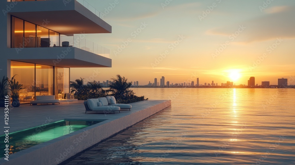 Fototapeta premium Modern waterfront home with pool at sunset