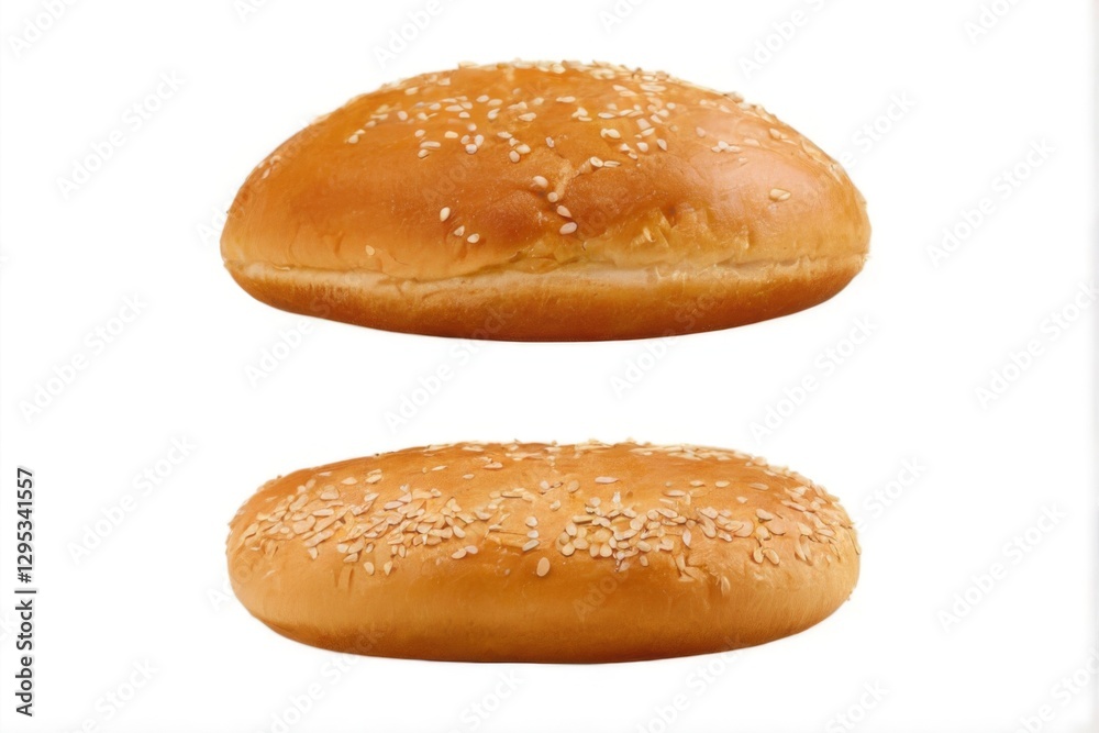 Golden brown hamburger buns with sesame seeds on white background. Top bun slightly larger, freshly baked. Golden brown hamburger buns with sesame seeds on white background. Top bun slightly larger, freshly baked.