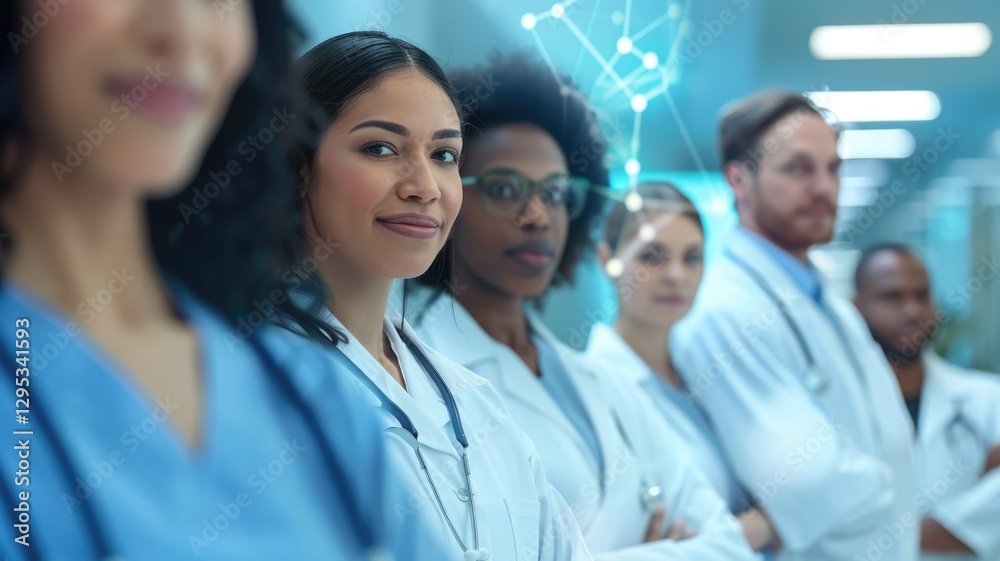Fototapeta premium Diverse group of doctors with medical lab coat smiling in a medical office. Professional healthcare team portrait. Medical and healthcare concept for art design. Studio portrait photography. AIG53.
