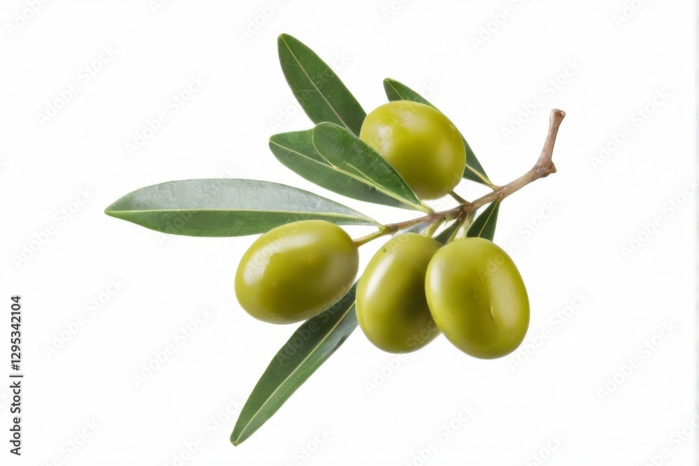 Closeup of fresh green olives hanging from olive branch on white background, highlighting vibrant colors and natural beauty. Closeup of fresh green olives hanging from olive branch on white background, highlighting vibrant colors and natural beauty.