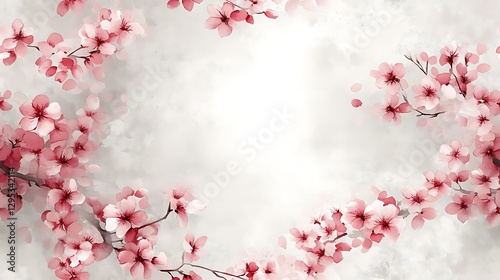 Fototapeta Naklejka Na Ścianę i Meble -  An ethereal watercolor artwork of cherry blossom trails in soft pastel pinks, cascading gracefully against a dove-gray background, with smooth brushwork and subtle shadow effects. --ar 16:9 --tile