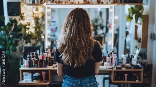 Woman in a Black T-Shirt and Blue Jeans Standing in Front of a Mirror