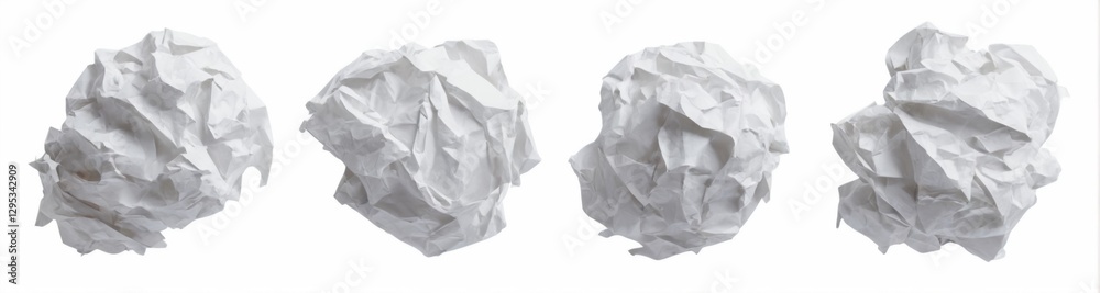 Naklejka premium Crumpled paper balls of varying sizes and shapes aligned in a row on a white background.