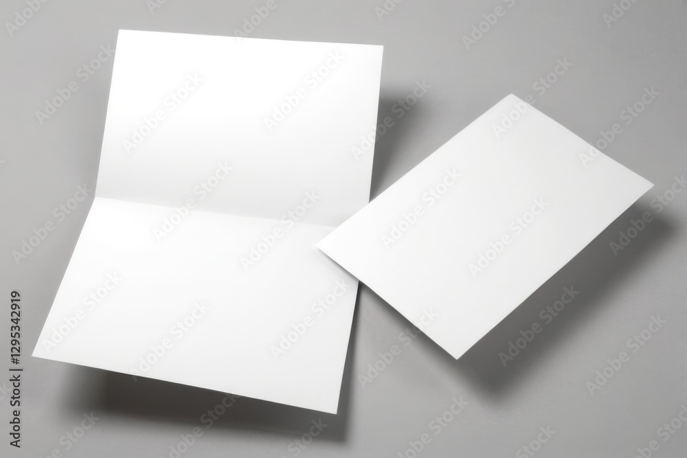 Blank white cards on grey background with curled edges, creating depth and contrast, one card slightly overlapping the other. Blank white cards on grey background with curled edges, creating depth and contrast, one card slightly overlapping the other.