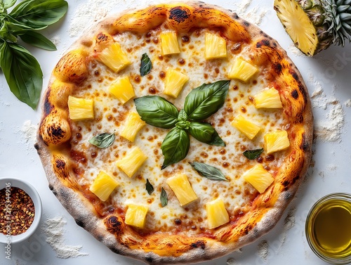 Gourmet Italian Cuisine: Wood-Fired Pineapple Pizza with Fresh Basil and Savory Cheese – A Delicious Dining Experience