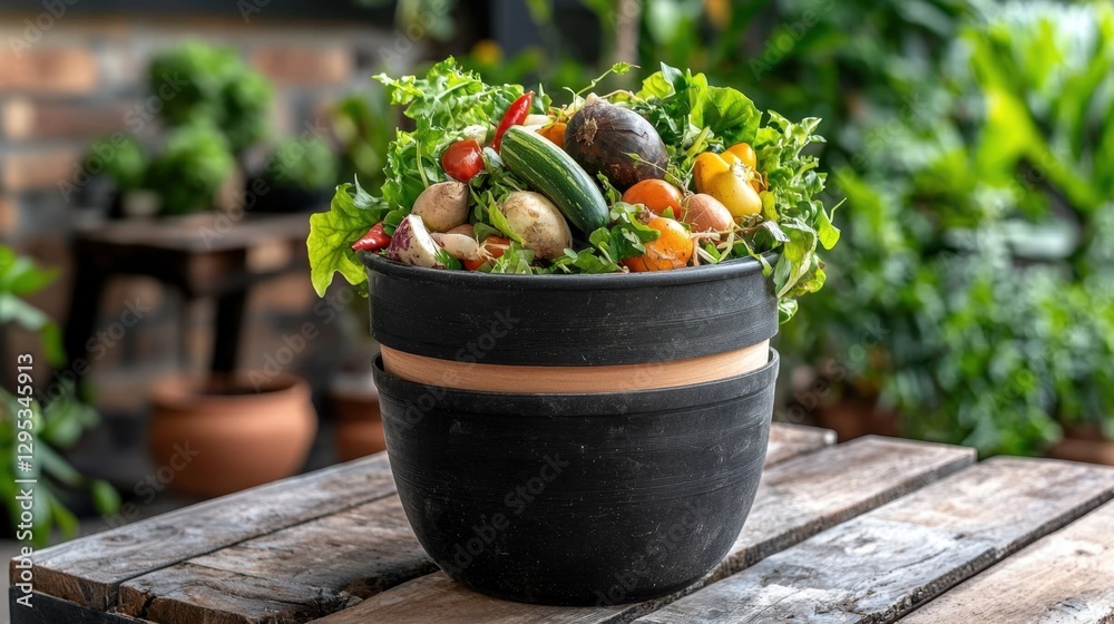 A vibrant pot filled with fresh vegetables and greens, showcasing a bountiful harvest set against a lush garden backdrop. A vibrant pot filled with fresh vegetables and greens, showcasing a bountiful harvest set against a lush garden backdrop.