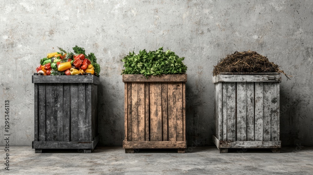 Obraz premium Three wooden crates filled with colorful fruits, fresh greens, and compost sit against a textured gray wall, showcasing sustainability and organic waste management.