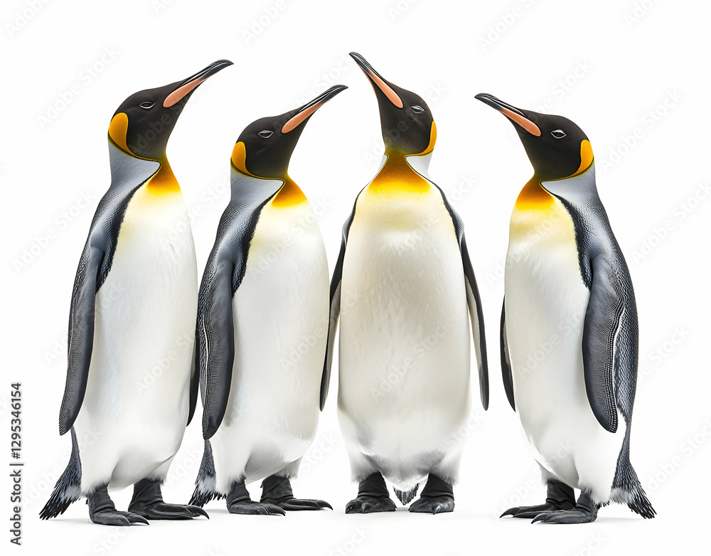 Fototapeta premium Elegant Ensemble, Four King Penguins Standing Tall Against a Crisp White Backdrop, Showcasing Their Striking Plumage and Distinctive Markings with Grace and Poise