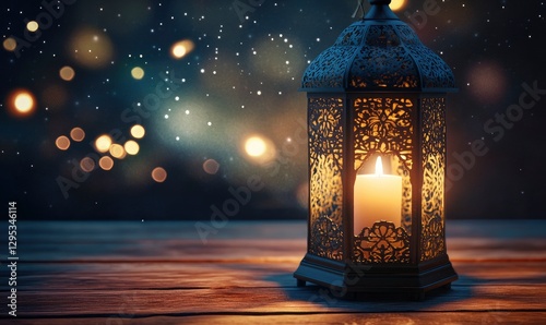 beautifully crafted lantern with intricate patterns glows softly against the dark background of an empty wooden table