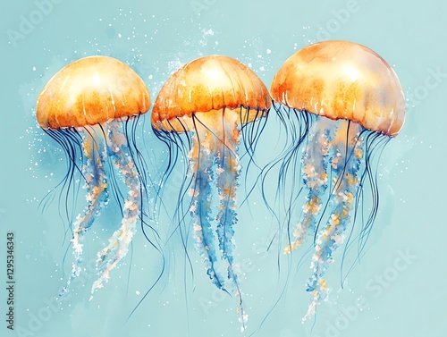 Three Orange Jellyfish Watercolor Painting Ocean Art