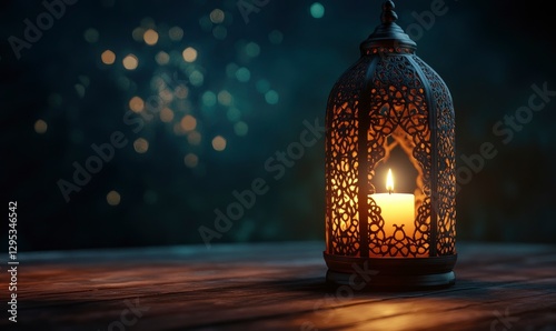 beautifully crafted lantern with intricate patterns glows softly against the dark background of an empty wooden table