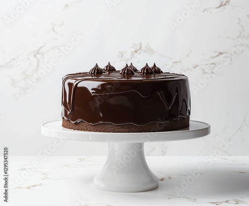 Chocolate cake with glossy ganache glaze, bright white background, minimalistic composition, rich chocolate texture on cake stand