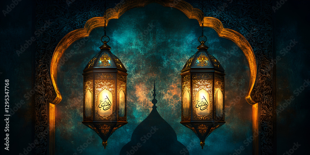Fototapeta premium New Islamic Year Celebration 1446 H, traditional decorations, vibrant festivities, Islamic calligraphy, crescent moon and stars, warm lighting, cultural attire