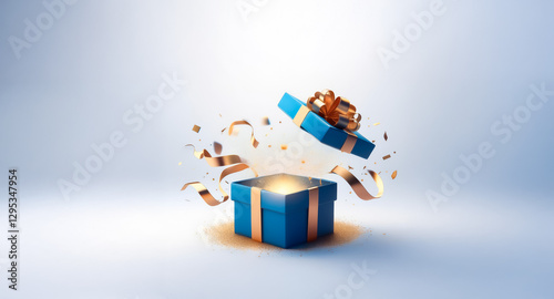A blue gift box with a golden ribbon is open, revealing golden confetti and a bright light against a soft blue background, suggesting a festive surprise.