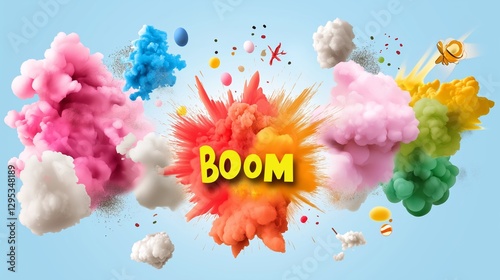 In vibrant colors, a comic-style explosion features 