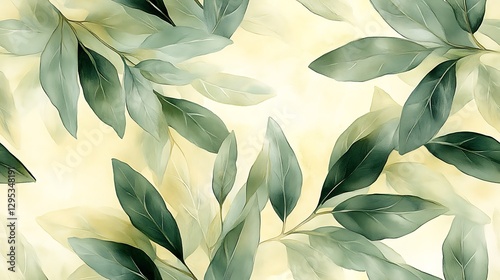 A natural composition of olive leaves, painted with delicate brush strokes in sage greens and golden hues, evoking the warmth of Mediterranean landscapes, soft,