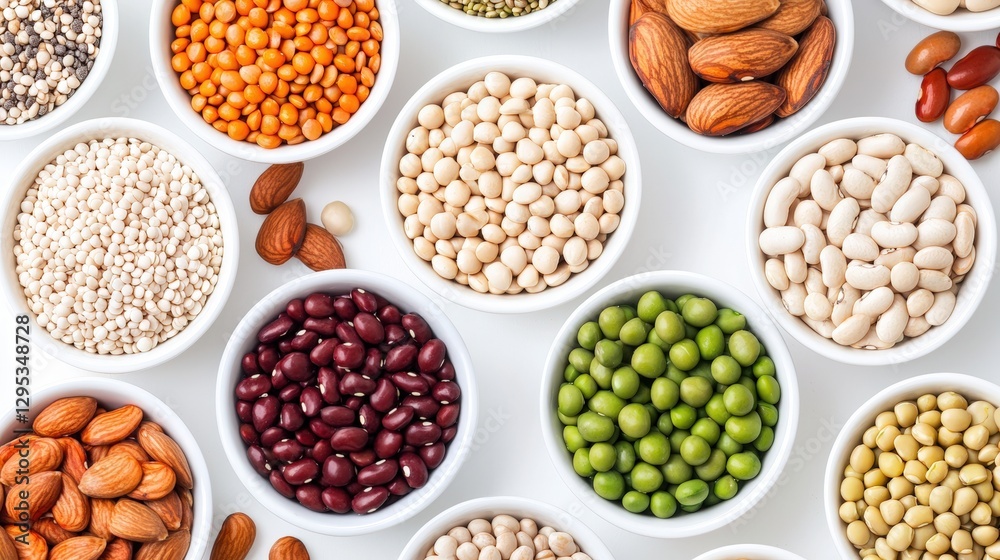 Assortment of nuts and beans displayed in bowls showcasing variety of textures and colors for nutritional benefits Assortment of nuts and beans displayed in bowls showcasing variety of textures and colors for nutritional benefits