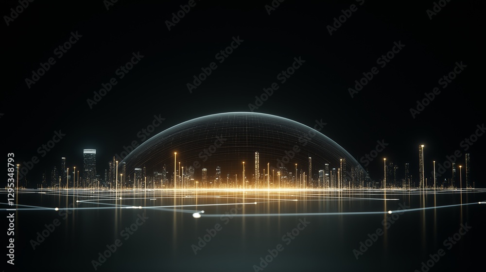 Fototapeta premium Information and communication technologies network and smart city concept with night skyscrapers landscape under glowing digital dome from illuminated lines