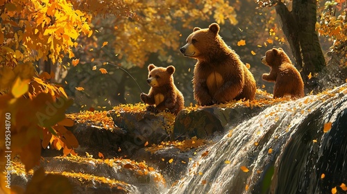 Autumn Bears by Waterfall