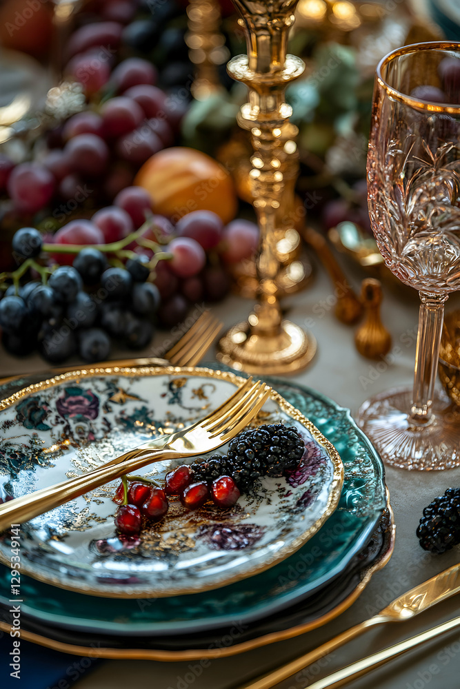 Fototapeta premium Elegant Table Setting with Vintage China, Golden Accents, and Fresh Fruits for a Luxurious Dining Experience and Sophisticated Gatherings, Celebrations