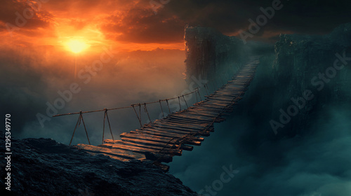 Broken wooden bridge foggy chasm mysterious atmosphere eerie abandoned structure decayed planks dangerous crossing suspenseful misty landscape old rope bridge hanging unstable weathered wood ruins