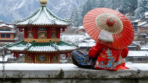 Woman Snow-Covered Temple China Winter