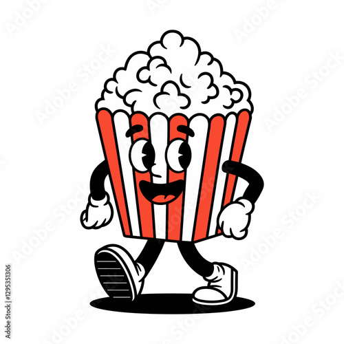 Vector cartoon character is walking down the street with a popcorn bucket, retro doodle style