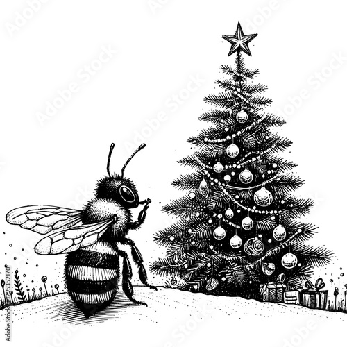 Bee Christmas line art drawing ink sketch vector hand drawn illustration background