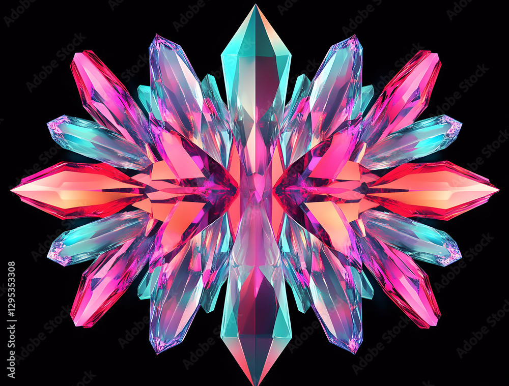 Obraz premium Exquisite Formation, A Symmetrical Array of Translucent Crystals Radiating Vibrant Hues Against a Deep Black Backdrop, Showcasing Nature's Geometric Beauty
