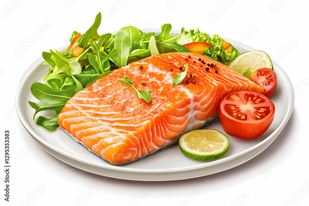 Exquisite plate featuring succulent salmon fillet served alongside fresh greens, juicy tomatoes, and zesty lime slices, perfect for culinary and healthy eating themes Exquisite plate featuring succulent salmon fillet served alongside fresh greens, juicy tomatoes, and zesty lime slices, perfect for culinary and healthy eating themes