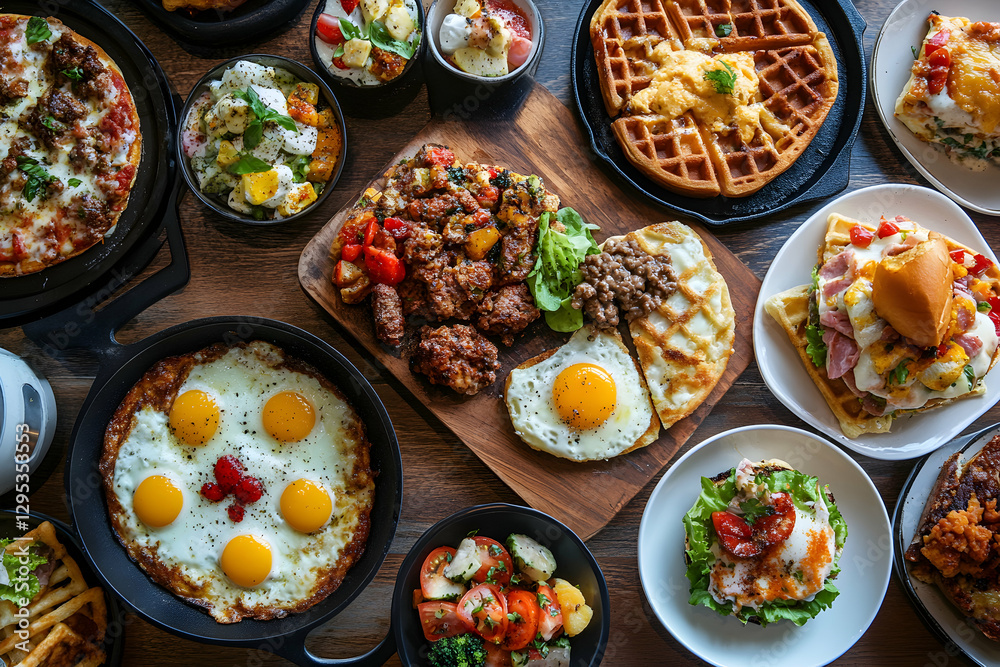 Extensive Brunch Spread Featuring Fried Eggs, Waffles, Pizza, and Salad for a Delicious and Diverse Culinary Experience Displayed on a Wooden Tabletop Extensive Brunch Spread Featuring Fried Eggs, Waffles, Pizza, and Salad for a Delicious and Diverse Culinary Experience Displayed on a Wooden Tabletop