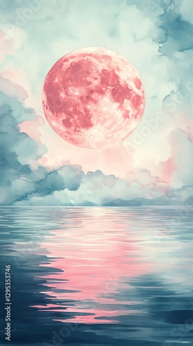 Pink Moon Rising Over Calm Water Landscape Painting