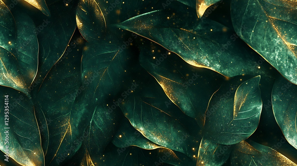 Obraz premium Abstract design of jungle leaves in deep green tones, golden highlights creating a luxurious shimmer, illuminated by soft diffused light, detailed textures emphasizing an exotic and vibrant look.