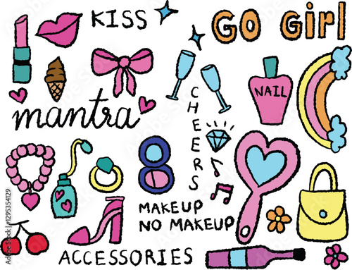 Hand drawn crayon illustration of mantra letters, lipstick, powder, mirror, nail polish, champagne glasses, perfume, bracelet, high heel shoe, bag, pink ribbon, lip, rainbow, ring, diamond, music 